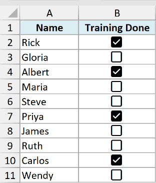 Training list with checkboxes in column B in Excel