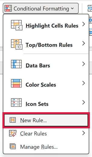 New Rule option in the Conditional Formatting menu in Excel