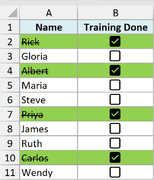 Rows with checked checkboxes highlighted in green with strikethrough names in Excel