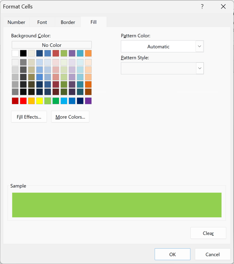 Green fill color selected in the Fill tab of the Format Cells dialog box