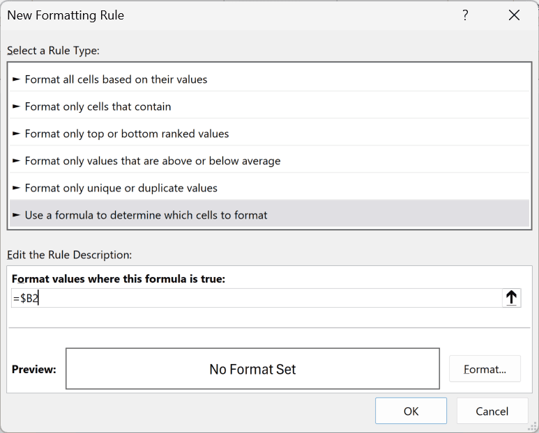 Formula entered in the New Formatting Rule dialog box in Excel