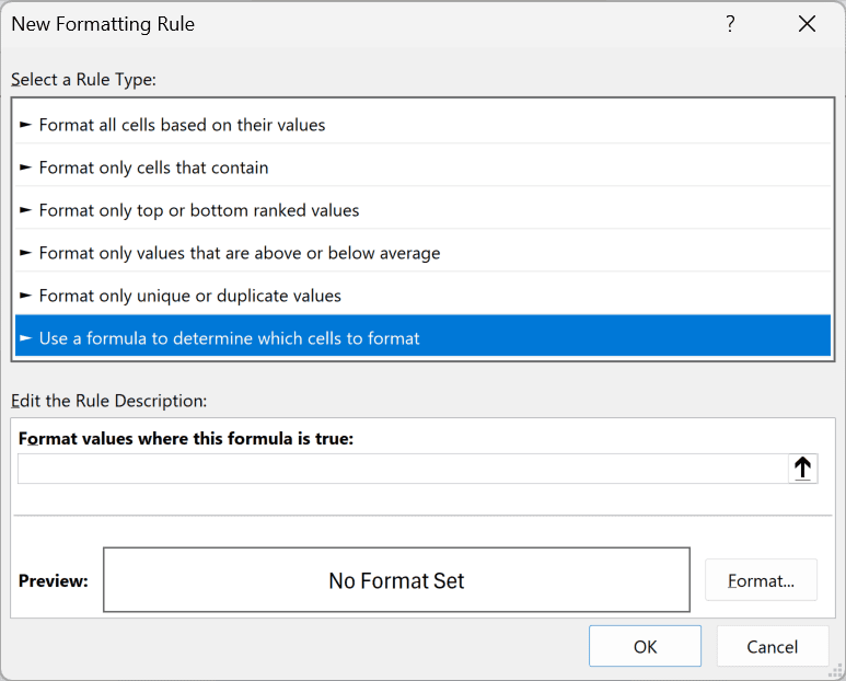 Use a formula option selected in the New Formatting Rule dialog box in Excel
