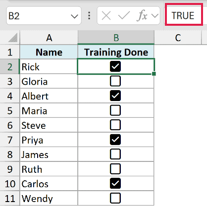 Checked checkbox showing the value TRUE in the formula bar in Excel