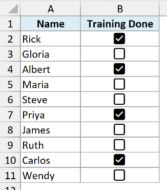 Training list with some checkboxes checked in Excel