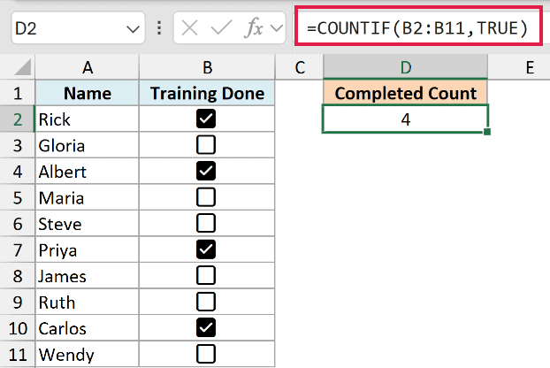 COUNTIF formula counting the checked checkboxes in Excel