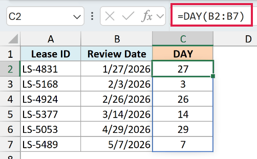DAY formula with the whole range spilling the day numbers