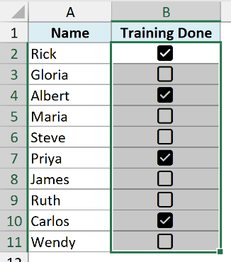 Cells with checkboxes selected before pressing the Delete key in Excel