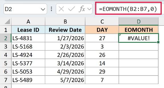EOMONTH with the same range returning the #VALUE! error