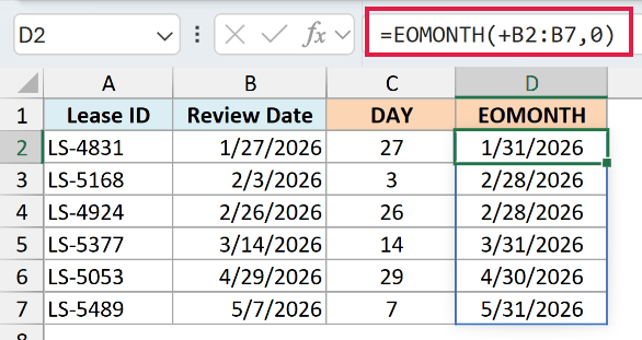 EOMONTH with a plus sign before the range spilling the end-of-month dates