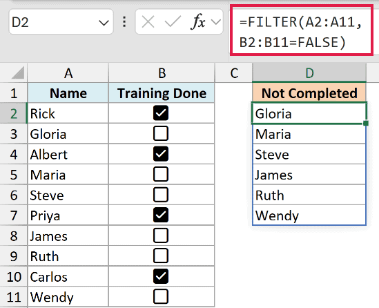 FILTER formula extracting the names with unchecked checkboxes in Excel