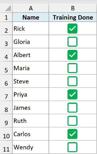 Checkboxes formatted with a green color and a bigger size in Excel