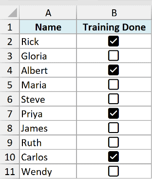 Training list with default checkboxes before formatting in Excel
