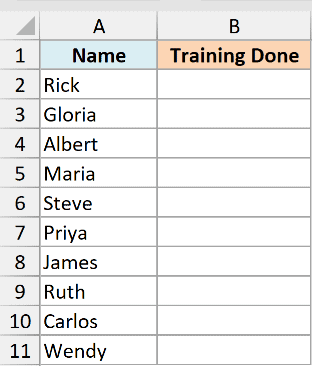 Dataset with names in column A and an empty Training Done column in Excel