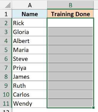Range B2:B11 selected to insert checkboxes in Excel