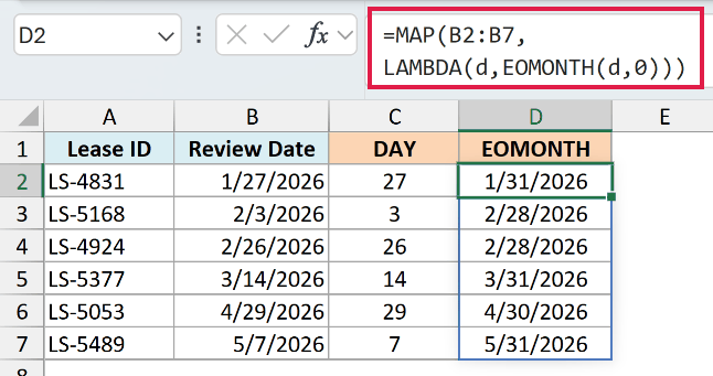 MAP with LAMBDA running EOMONTH on each date and spilling the results