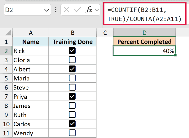 Formula calculating the percentage of checked checkboxes in Excel