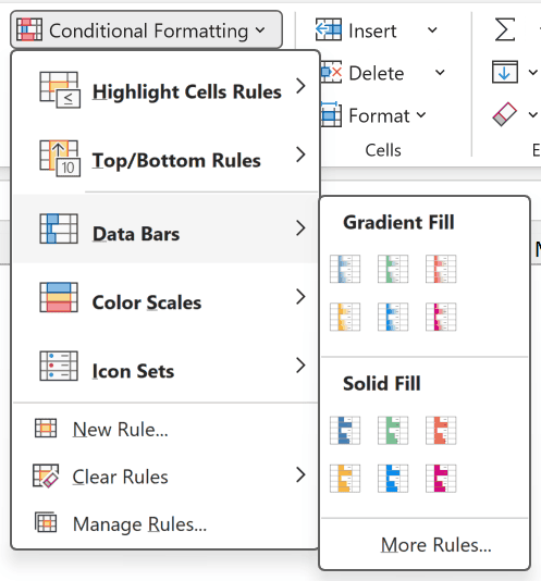 Data Bars option in the Conditional Formatting menu in Excel