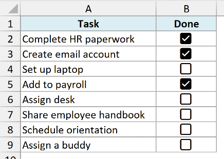 Onboarding task list with a checkbox for each task in Excel