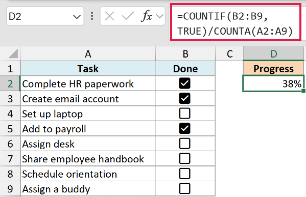 Formula calculating the percentage of tasks done in Excel