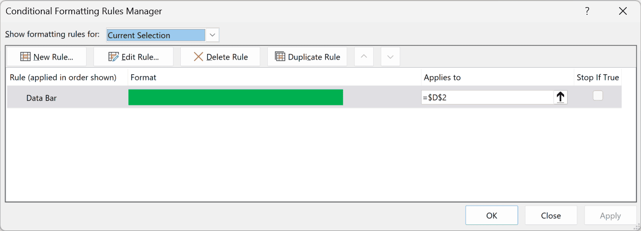 Conditional Formatting Rules Manager showing the data bar rule in Excel
