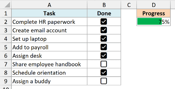 Progress bar that fills up as checkboxes are checked in Excel