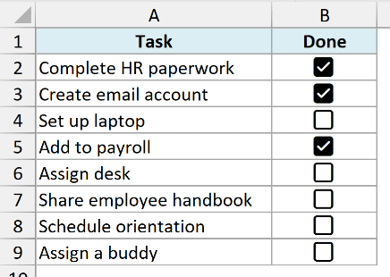 Task list where a summary checkbox will show the overall status in Excel
