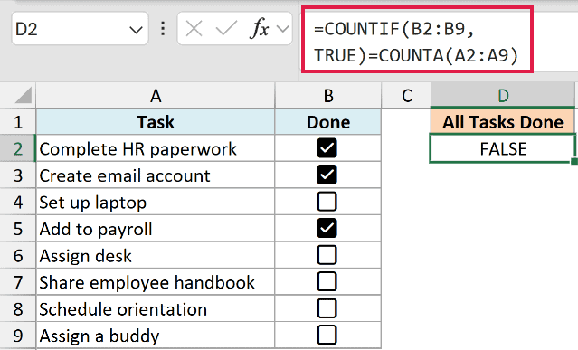 Formula that returns TRUE when all the tasks are done in Excel
