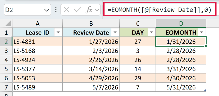 EOMONTH with a structured reference auto-filling down the Excel Table column