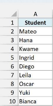 List of nine student names in A2:A10 in the order they joined the class