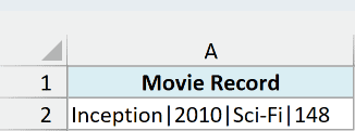 Movie record Inception|2010|Sci-Fi|148 in cell A2