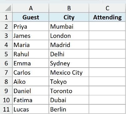Guest list with names in column A, cities in column B and an empty Attending column C