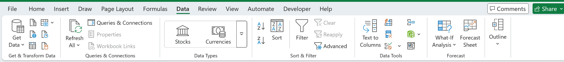 Data tab selected in the Excel ribbon