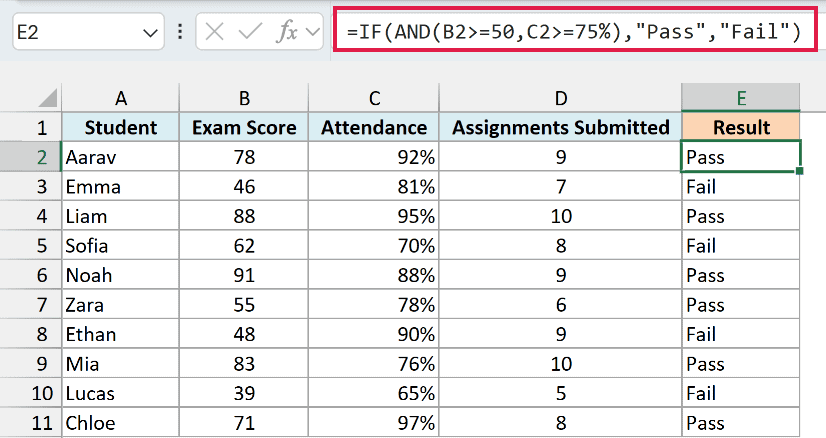 IF with AND formula marking students Pass when score is at least 50 and attendance at least 75%