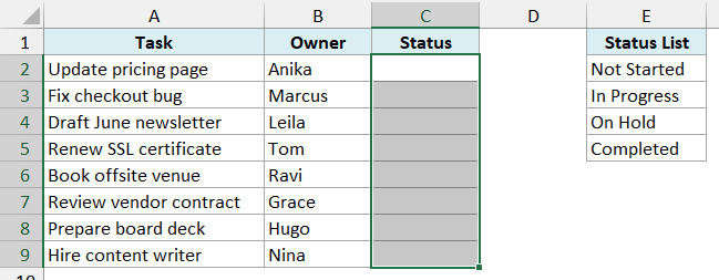 Cells C2:C9 selected in the Status column