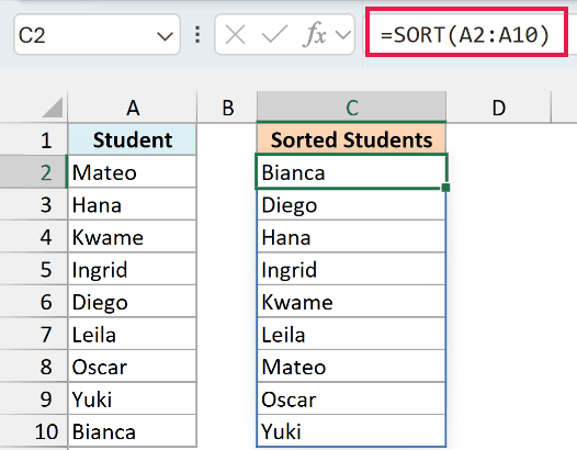 SORT formula in C2 spilling the student names in A-to-Z order