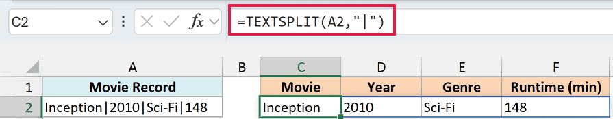 TEXTSPLIT formula in C2 splitting the movie record across C2:F2