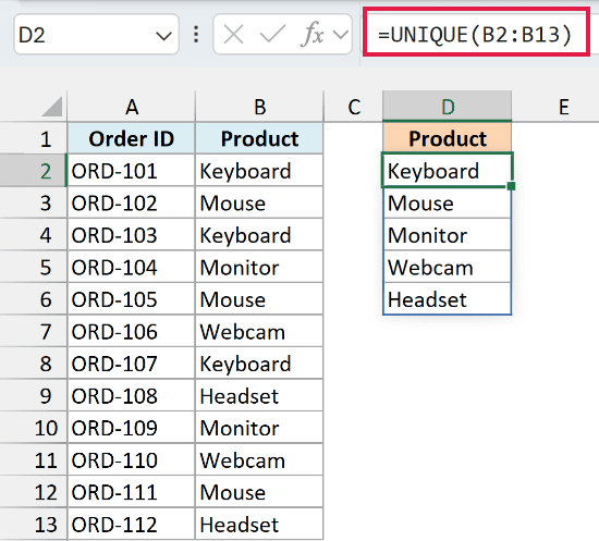 UNIQUE formula in D2 spilling the five distinct products