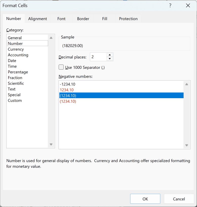 Format Cells dialog with the third negative numbers option selected to show negatives in parentheses