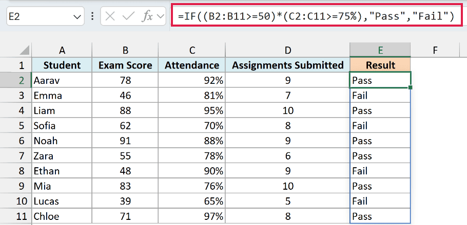 Single spilling IF formula that multiplies two conditions to return Pass or Fail for every student