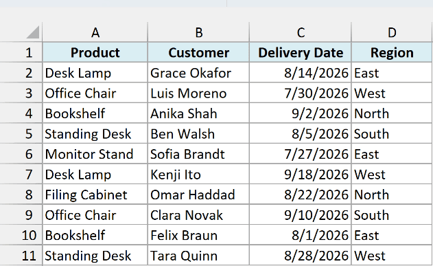 Customer orders with product, customer, delivery date, and region in A1:D11
