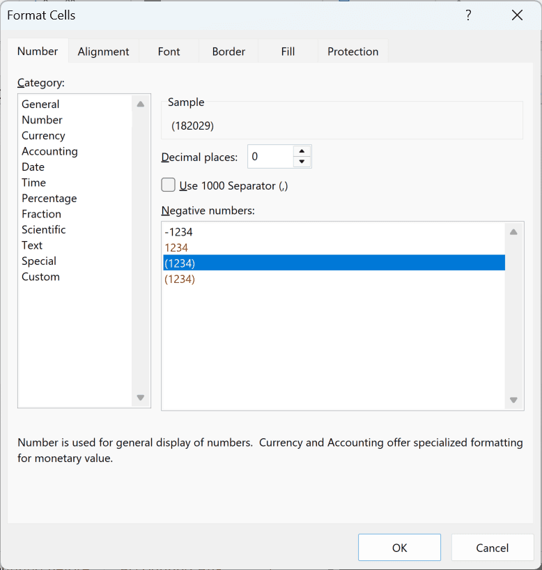 Decimal places set to 0 in the Format Cells dialog