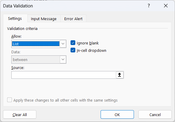 Data Validation dialog box with List selected in the Allow drop-down