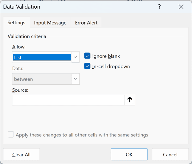 Data Validation dialog box with List selected in the Allow drop-down