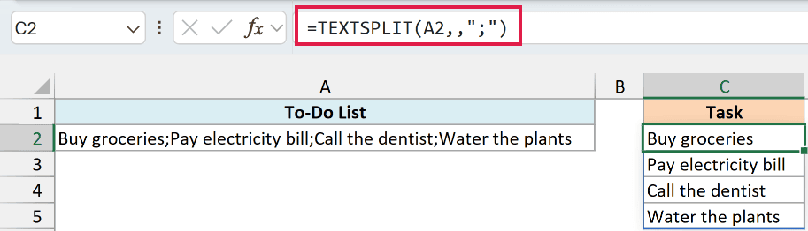 TEXTSPLIT formula in C2 spilling the four tasks down C2:C5