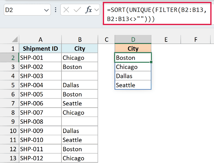 SORT, UNIQUE and FILTER formula in D2 returning the cities A to Z with no blank