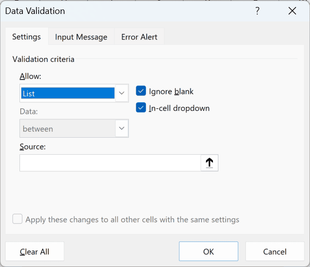 Data Validation dialog box with List selected in the Allow drop-down