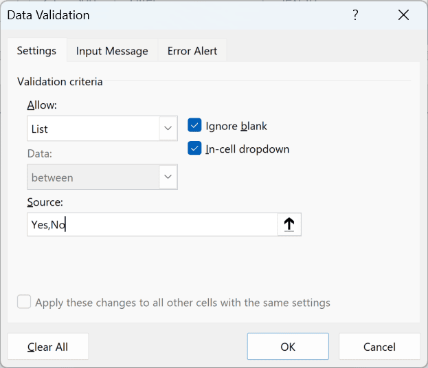 Data Validation dialog box with Yes,No entered in the Source field