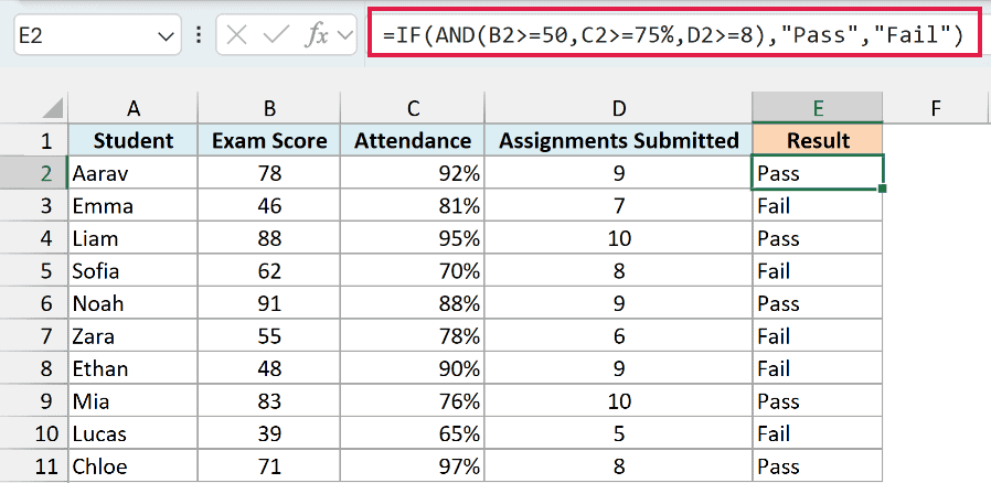IF with AND formula with three conditions including at least 8 assignments submitted