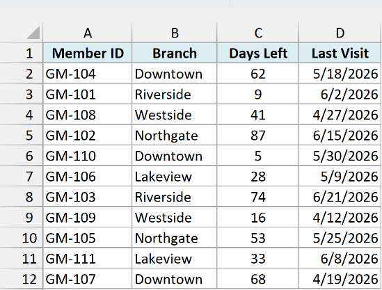 Gym members with member ID, branch, days left, and last visit date in A1:D12