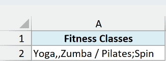 Fitness classes in A2 separated by commas, a slash, and a semicolon